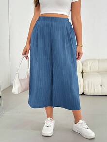 Shapeblank Pantalon large rose à taille élastique en tissu texturé, confortable et ample, pour femmes grandes tailles. Pantalon ample, style simple, européen, d'été, 7/8, pour vacances - Bleu azur - Voir 4