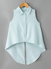 SHEIN Kids Tween Girls' Elegant Sleeveless Woven Blouse With Bow Decor,Blue And White Stripe,Summer,Casual,School,Back-To-School,Tween Tops For Girls - Mint Blue - View 2