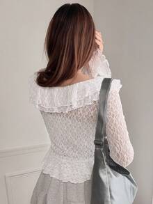 FRIFUL 女士纯白色薄纱蕾丝面料层叠荷叶边领修身衬衫，百搭 - 白色 - 查看 2