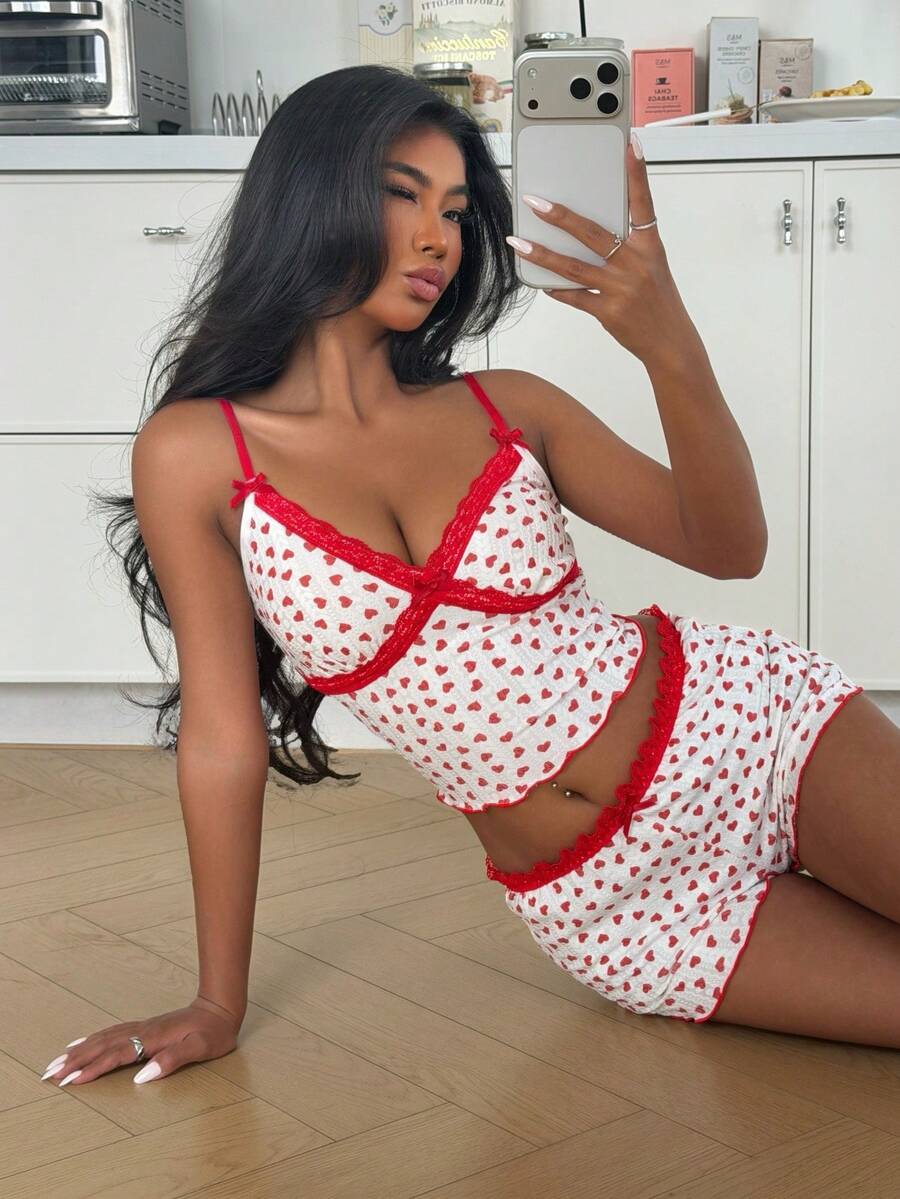 SHEIN 浪漫心形印花蕾丝边修身女士睡衣套装 - 白色 - 查看 1