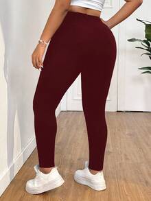 SHEIN PETITE CURVE Pantalones de cintura alta de unicolor talla grande, aptos para uso diario - Burdeos - Ver 2