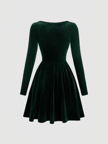 SHEIN MOD 黑色丝绒珍珠领长袖连衣裙 - 墨綠色 - 查看 2