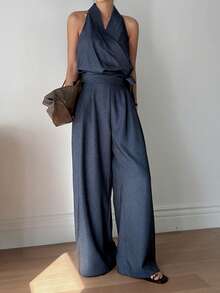 DAZY Women's V-Neck Sleeveless Side Tie Elegant City Casual Loose Jumpsuit - Blue - View 4