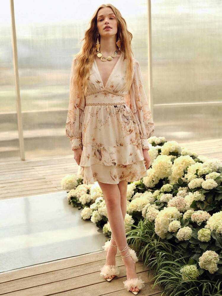 ROBE COURTE À MANCHES LONGUES AVEC TAILLE CINTRÉE ET IMPRIMÉ FLORAL ROMANTIQUE POUR FEMMES, PRINTEMPS/ÉTÉ