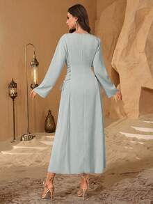 Al Najma Elegant Beaded Embroidery Round Neck Arabic Style Dress For Women - Green - View 2