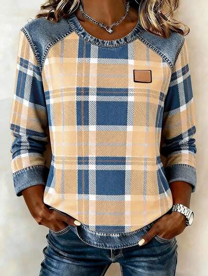 EMERY ROSE Plus Size Colorblock Plaid Round Neck Long Sleeve T-Shirt