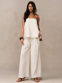 SHEIN BAE Cream & Apricot Linen Blend Asymmetric Camisole Top, Suitable For Italian Holiday, South France Holiday, Casual Wear, Beach Wear, Cruise Wear, Old Money Style, Brunch Wear - Apricot - View 4