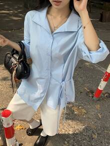 FRIFUL Camisa suelta de unicolor con cuello regular y cordón en la cintura para mujer - Azul - Ver 6