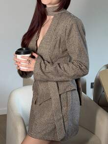 Abrilcols 3 件套复古别致通勤棕色千鸟格羊毛西装套装：修身西装外套 + 低腰裙 + 围巾（含垫肩） - 彩色 - 查看 4