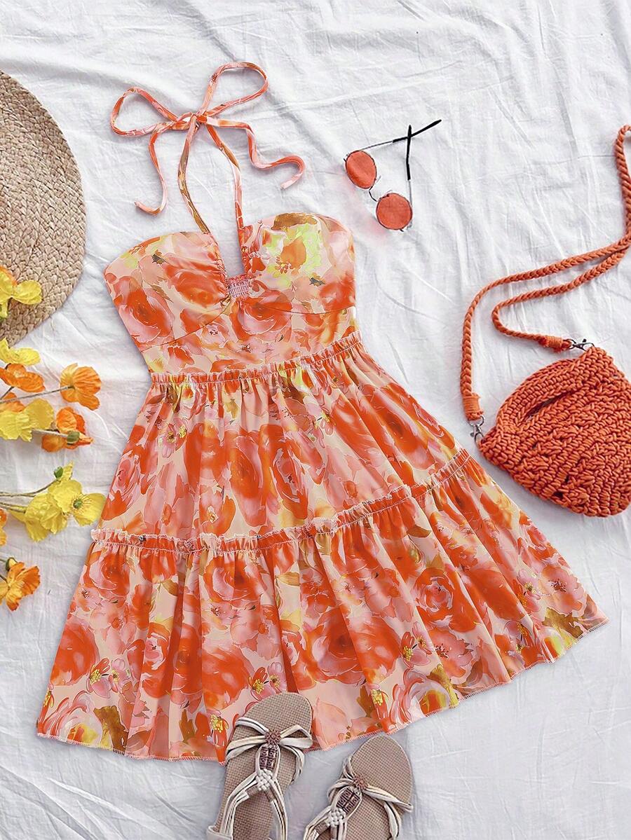 Lyxana Damen Lässig Kleid mit Rüschensaum und Neckholder-Ausschnitt mit Allover-Muster - Verschiedenfarbig - Übersicht 1