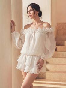 Anewsta 女士露肩长袖纯色花卉装饰时尚衬衫 - 白色 - 查看 7