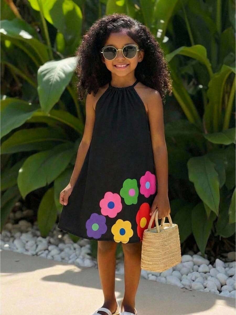 Gaun Tanpa Lengan Model A-Line Longgar dengan Motif Bunga dan Tropis Warna-warni untuk Anak Perempuan, Gaya Kasual Liburan, Musim Semi/Panas - Hitam - View 1