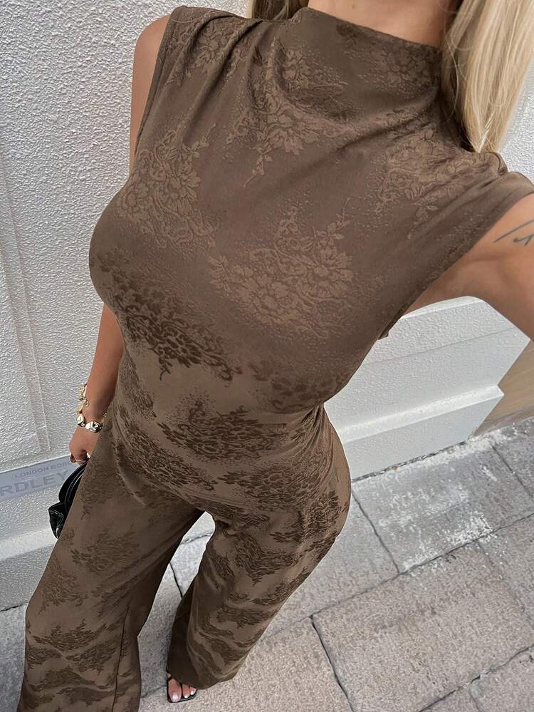 Women's Elegant Floral Print High Neck Asymmetric Vest And Wide Leg Pants 2-Piece Set, Spring/Summer,Wedding Guest Dress Women