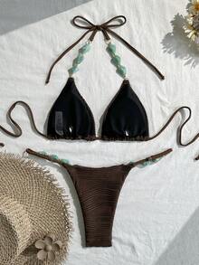 Swim Vcay Bộ đồ bơi hai mảnh dành cho nữ, gồm áo và quần bơi dệt kim jacquard màu trơn, kiểu cổ yếm, thích hợp cho kỳ nghỉ biển, mùa xuân/hè. - Cà phê nâu - Xem 2