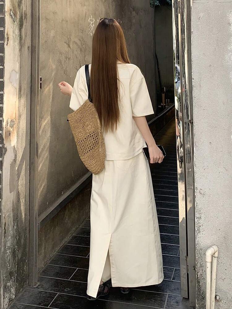 Women's Casual Solid White Pocket Shirt And Straight Denim Skirt 2-Piece Set, Spring/Summer,Wedding Guest Dress Women