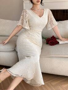 DAZY Đầm đuôi cá ren cổ chữ V tay bồng thanh lịch dành cho nữ, đầm mùa hè, đầm dự tiệc cưới, đầm hè cho nữ. - Màu be - Xem 9