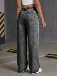 SHEIN Jeanoir 女士休闲做旧水洗直筒牛仔裤 - 灰色 - 查看 2