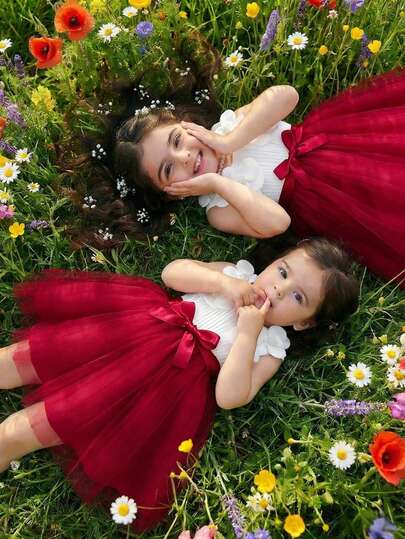 Glamorique Kids Young Girl' Round Neck Sleeveless 3D Floral Mesh Summer Casual Dress Burgundy Dress For Kids Red Dresses For Kids Red Outfits For Kids Twin Girl Dresses Red Skirts Sets Little Kids