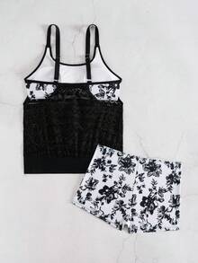Swim Lushoire 2件套夏季沙滩女士碎花随机图案吊带背心式泳衣上衣和短裤套装 - 彩色 - 查看 5