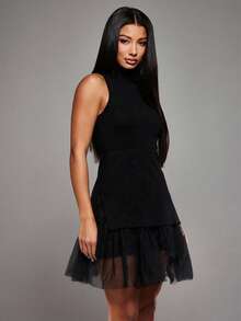 NYA SZN Dress Mini Length Sleeveless Turtleneck Fitted Bodycon Knit Knitwear Mesh Skirt Grey Black Holiday Festival Special Occasion Event Luxury Elegant Party Mini Length Outfits For Women - Black - View 6
