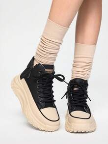 ROMWE Grunge Punk 2025 New High-Top Casual Shoes For Women, Round Toe Side Zip, Thick Sole Platform, Sporty Street Style, Spring/Autumn - Black - View 2