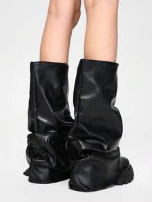 ROMWE Goth New Round Toe Platform, Silver Pleated, Slip-On, Fashion Show, Women Ankle Boots, Hiking Boots - Black - View 6