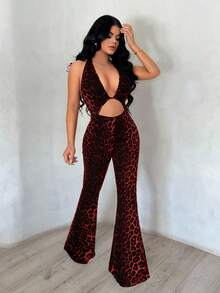SHEIN SXY Bộ jumpsuit dài không tay, cổ yếm, cổ chữ V khoét sâu, ống loe, họa tiết da báo gợi cảm, phong cách đường phố và clubwear. - Đỏ - Xem 4