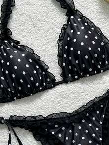 Swim Mod 2-Piece Floral Print Mesh Trim Halter Bikini Set With Tie Side Bottoms, Sexy Swimwear - Black and White - View 3