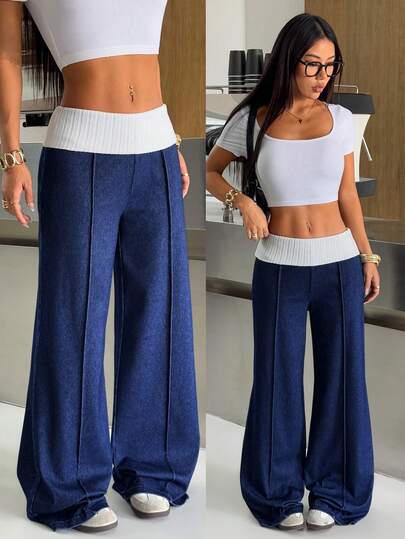 SHEIN PETITE Spring To Summer Women's Casual, Everyday, Commuting, Athletic, Fitness Style Fashion Street Style Commuting High-Stretch Knit Fabric With Comfortable Feel White Folded Waistband Contrasting Color Block Design Contrast Low Waist Seam Front Flare Leg Denim Jeans