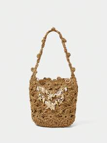 SHECARRY Women's Vacation Casual Shell Chain Decor Woven Handbag - Camel - View 2