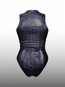 SHEIN Swim SPRTY 女士拉链式防晒泳衣，圆领，侧边褶皱设计，适合沙滩和冲浪，性感连体泳衣 - 黑色 - 查看 9