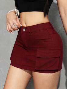 SHEIN PETITE 純色修身休閒牛仔迷你裙，適合夏季穿搭，適合嬌小女性 - 玫紅色 - 查看 3