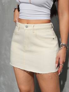 SHEIN PETITE Summer Casual Solid Color Mini Denim Skirt - Apricot - View 4
