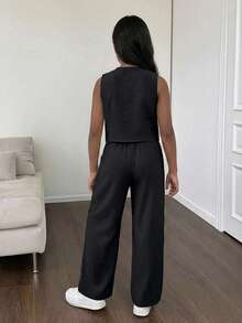 Firerie Kids Firerie Kids Nova Glow 少女休闲街头时尚通勤上学风格编织条纹阔腿直筒裤， - 黑色 - 查看 2