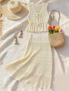 Breezaya New Spring/Summer European & American Style Beige Minimalist Cinched Waist Soft & Elegant Knit Top And Hollow Design Skirt Two Pieces Set, Versatile For Commuting, Business Meetings, Luxury Evening Events - Beige - View 5