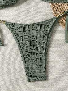 Elavelle Women's Sexy Army Green Plain Fabric Lace Up Spaghetti Strap Bikini Set With Tie Side Bottom And Metal Shell Detail Short Length - Army Green - View 6