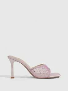 CUCCOO SZL 女士时尚方头高跟粉色网纱水钻露趾凉鞋，一体式套脚凉鞋，时尚迷人性感派对高跟鞋 - 粉色 - 查看 4