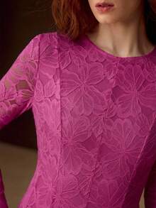 MOTF PREMIUM WOMEN'S LACE OVERLAY LONG SLEEVE FORMAL COCKTAIL DRESS - Hot Pink - View 2