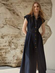 MOTF PREMIUM WOMEN'S CASUAL DENIM DRESS FOR COMMUTING, SPRING/SUMMER, BELT NOT INCLUDED - Blue - View 5