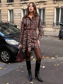 Pariaura 2025秋冬新款长袖衬衫搭配复古收腰侧拉链半身裙套装，通勤和返校皆宜的百搭单品 - 彩色 - 查看 4