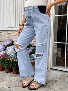 SHEIN 孕妇休闲宽松阔腿蓝色牛仔裤，适合感恩节、春夏、嘉年华、通勤、度假、毕业典礼等场合，时尚百变，可爱街头风，适合派对、婚礼、商务休闲等场合。高腰破洞牛仔裤，浅色水洗阔腿牛仔裤，蓝色做旧孕妇牛仔裤，高腰托腹牛仔裤，春假、复活节牛仔裤，简约休闲牛仔裤，可爱破洞牛仔裤，妇女节时尚妈妈复活节牛仔造型 - 藍色 - 查看 3