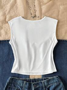 SHEIN Tween Girl Spring/Summer Casual Minimalist Vacation Square Neck Lace Trim Patchwork 3D Ribbon Bow Decor Ruched Cap Sleeve Fitted Knit Solid Color T-Shirt Tween Girl - White - View 2