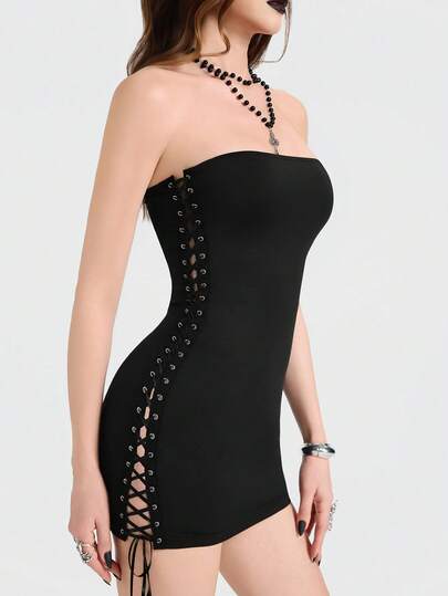 Breakform Gothic Punk Black Straps Sexy Women's Gothic Style Sexy Double Side Grommet Lace-Up Bandage Bodycon Mini Dress