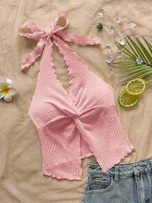 SHEIN 少女休闲简约舒适露背无袖不对称下摆吊带背心 - 粉色 - 查看 4