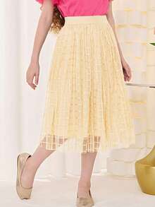 SHEIN Tween Girl Elegant Vacation High Waist Plaid Mesh Skirt With Lining - Apricot - View 2