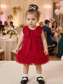 SHEIN Vestido elegante sin mangas con cuello redondo y decoración de lazo, unicolor, para niñas, verano - Rojo - Ver 8