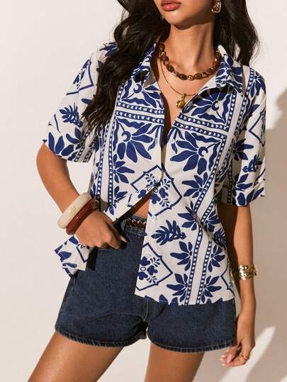 Poéselle Women's Retro Minimalist Short Sleeve Loose Casual Blouse, Cute Summer Top,Going Out Top,Elegant Women's Blouses,Casual Blouses For Women,Vacation Outfits Women ,Beach Outfits For Women,Spring/Summer