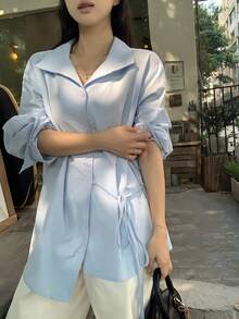 FRIFUL Camisa suelta de unicolor con cuello regular y cordón en la cintura para mujer - Azul - Ver 1