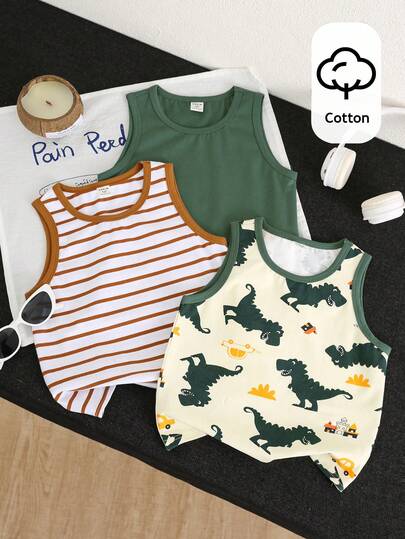 SHEIN Set de 3 piezas de chaleco sin mangas con cuello redondo y estampado de cocodrilo de dibujos animados para niños