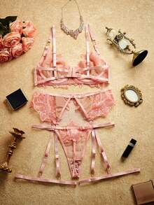 Women Floral Embroidery Bra, Thong Panty And Leg Chain Sexy Lingerie Set - Pink - View 2